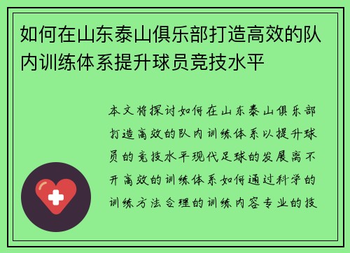 如何在山东泰山俱乐部打造高效的队内训练体系提升球员竞技水平